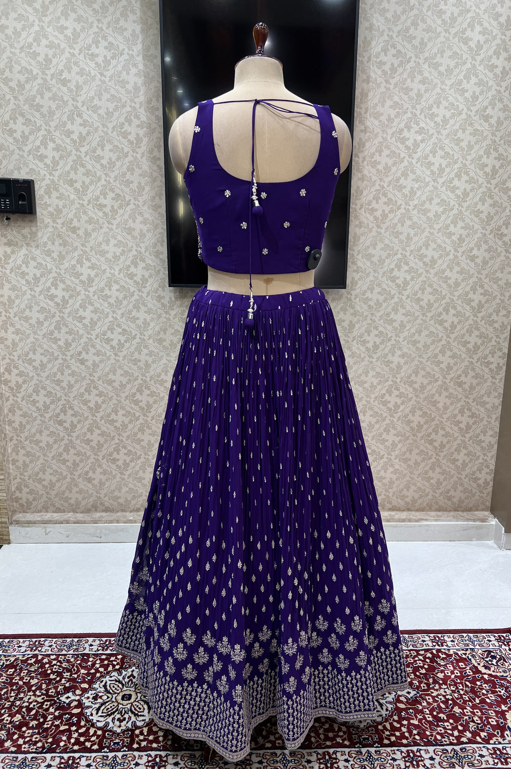 Purple Zari, Thread, Sequins, Stone and Mirror work Crop Top Lehenga