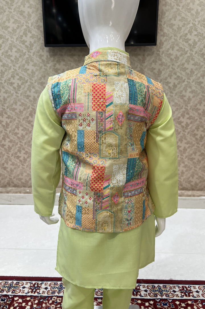 Parrot Green Multicolor Digital Print Waist Coat Kurta Set for Boys