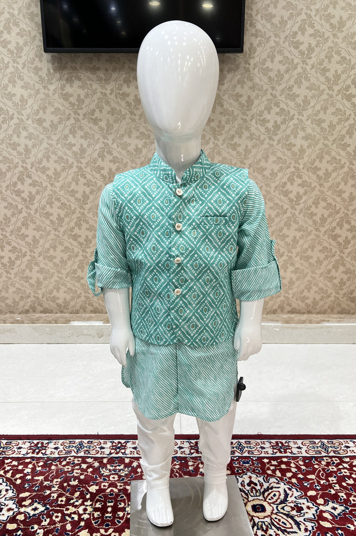 Sea Green with White Digital Print Waist Coat Kurta Set for Boys