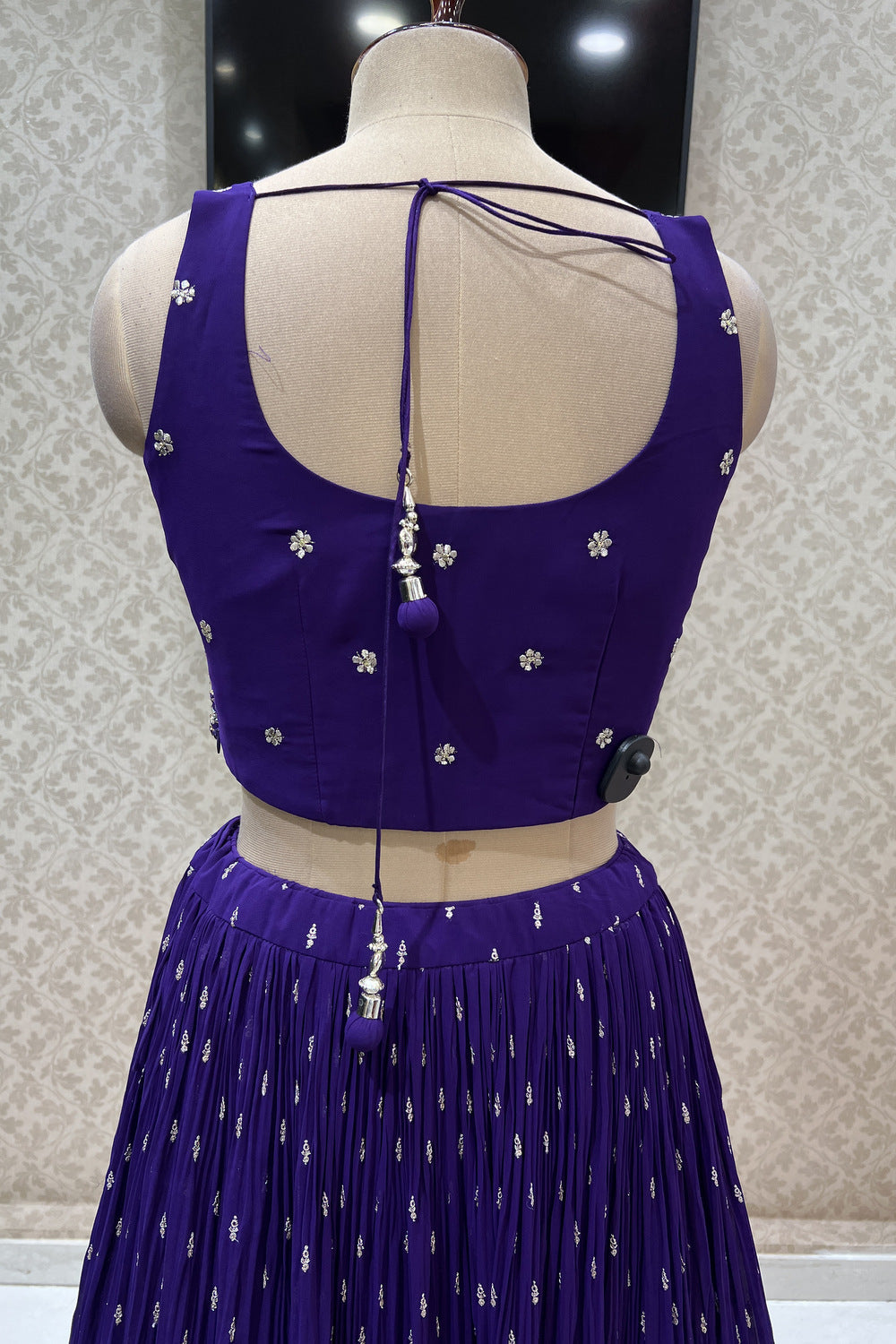 Purple Zari, Thread, Sequins, Stone and Mirror work Crop Top Lehenga