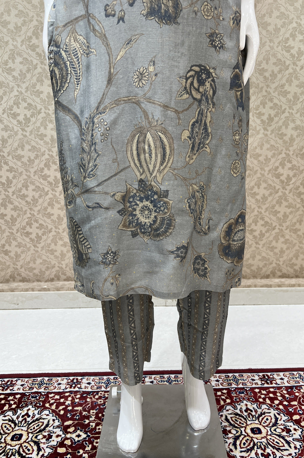 Grey Zari work with Digital Print Straight Cut Salwar Suit