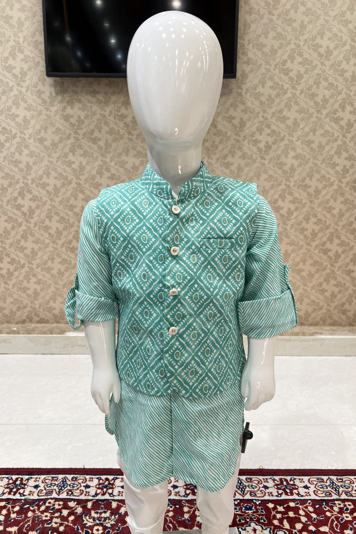 Sea Green with White Digital Print Waist Coat Kurta Set for Boys