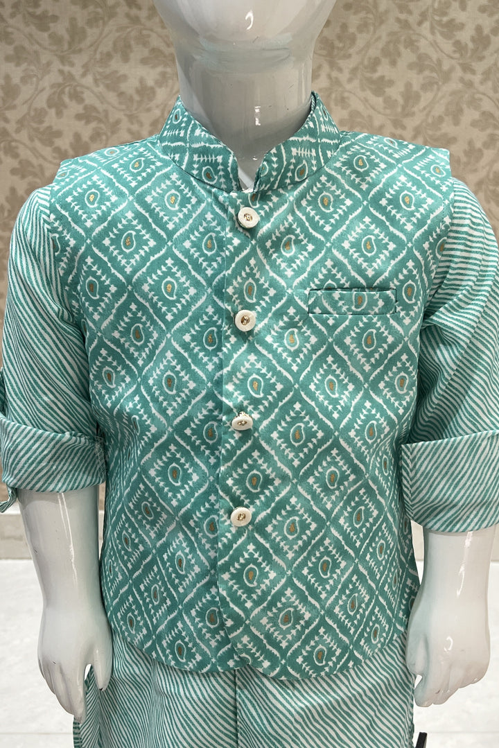 Sea Green with White Digital Print Waist Coat Kurta Set for Boys