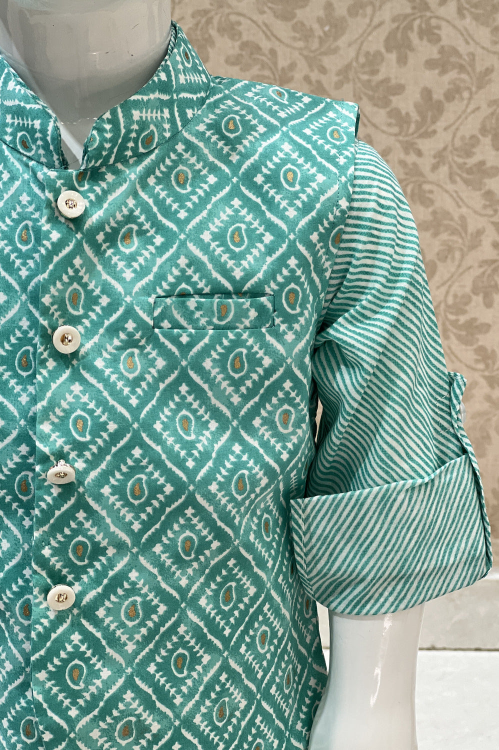 Sea Green with White Digital Print Waist Coat Kurta Set for Boys