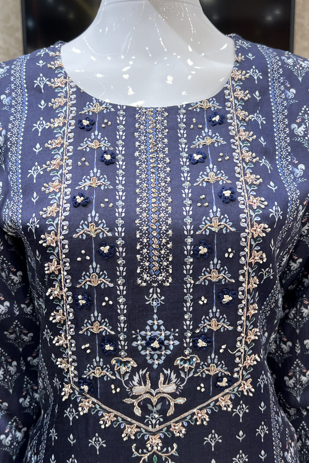 Navy Blue Digital Print and Beads work Straight Cut Salwar Suit