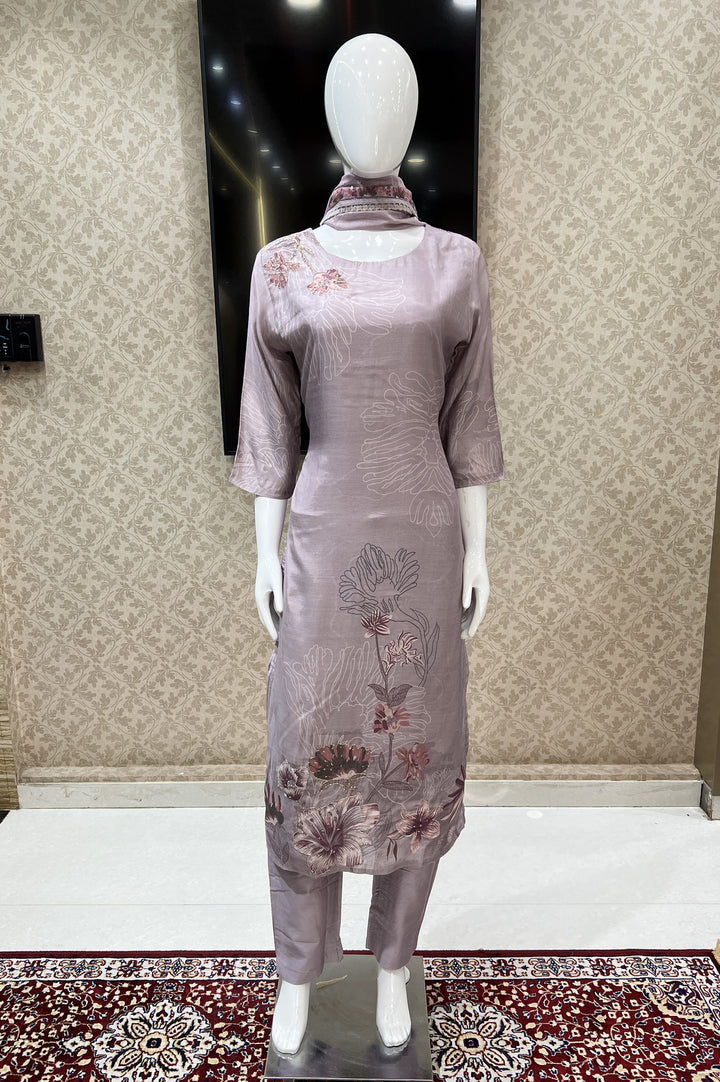 Lilac Digital Print, Beads and Zari work Straight Cut Salwar Suit