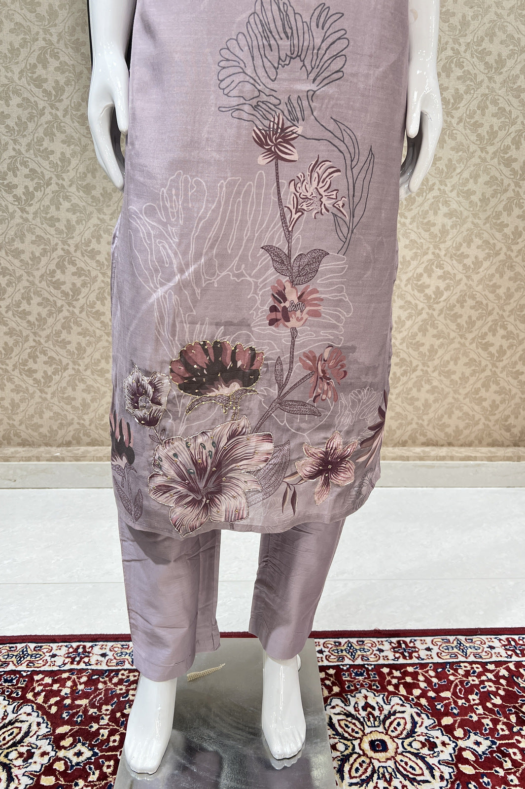 Lilac Digital Print, Beads and Zari work Straight Cut Salwar Suit