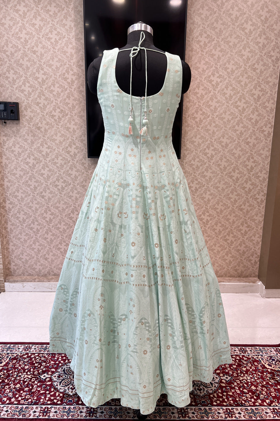 Sea Green Banaras, Beads, Zardozi, Pearl and Thread work Floor Length Anarkali Suit