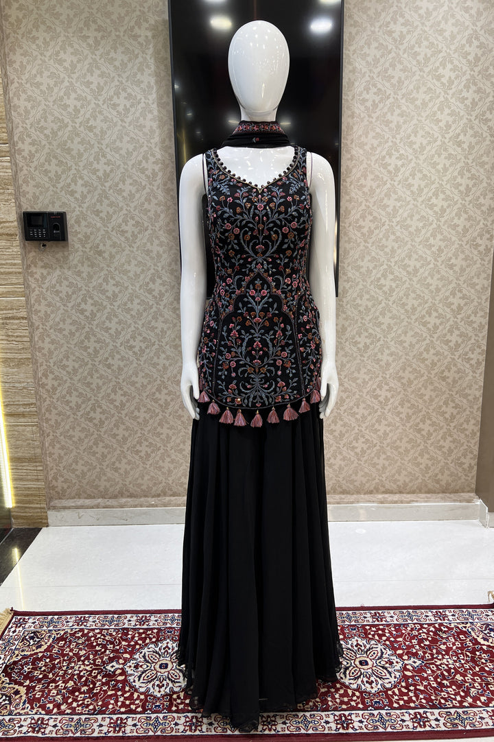 Black Multicolor Embroidery, Beads and Stone work Palazzo Salwar Suit