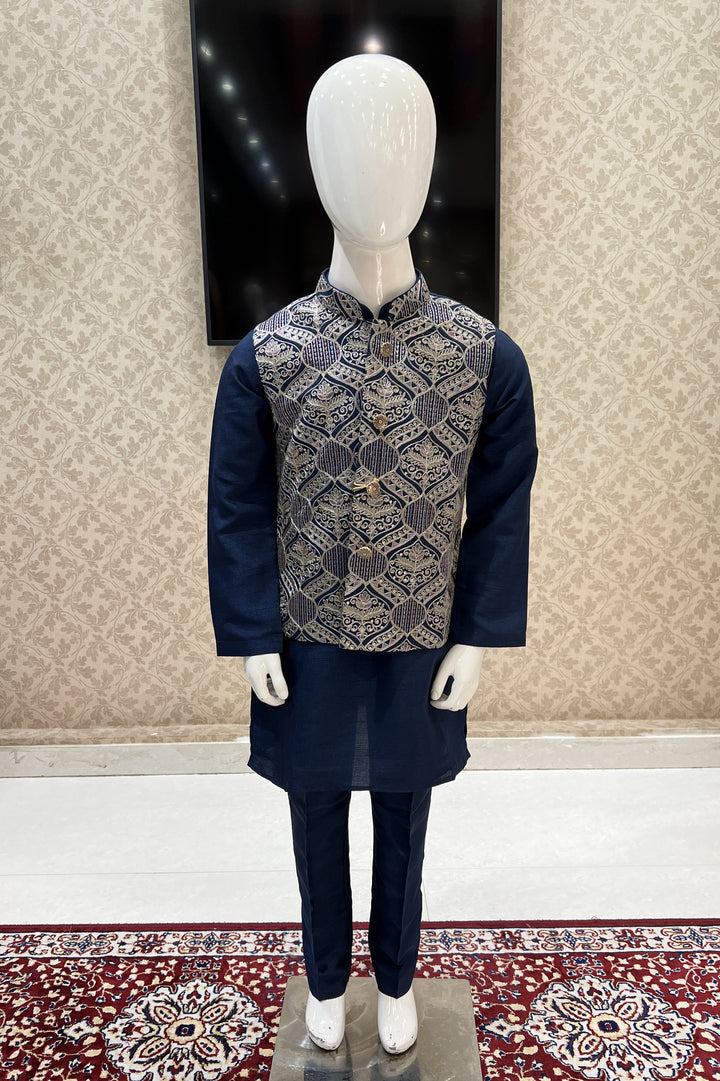 Teal Blue Zari Embroidery, Thread and Sequins work Waist Coat Kurta Set for Boys