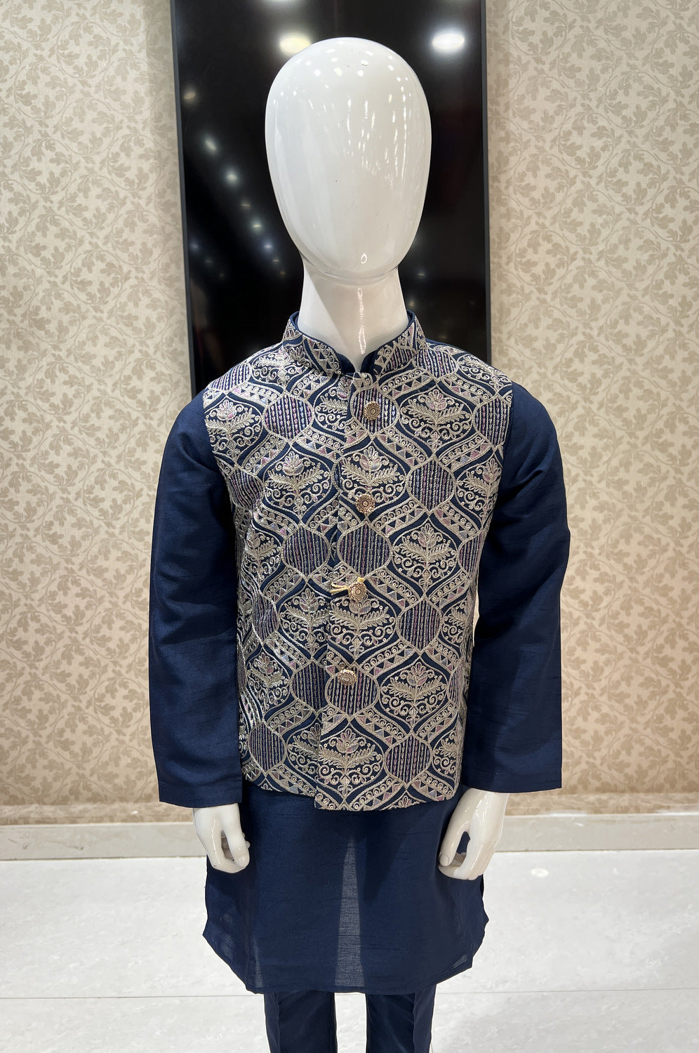 Teal Blue Zari Embroidery, Thread and Sequins work Waist Coat Kurta Set for Boys