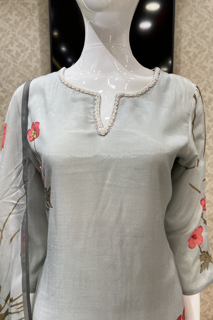 Grey Digital Print, Beads, Pearls and Sequins work Straight Cut Salwar Suit