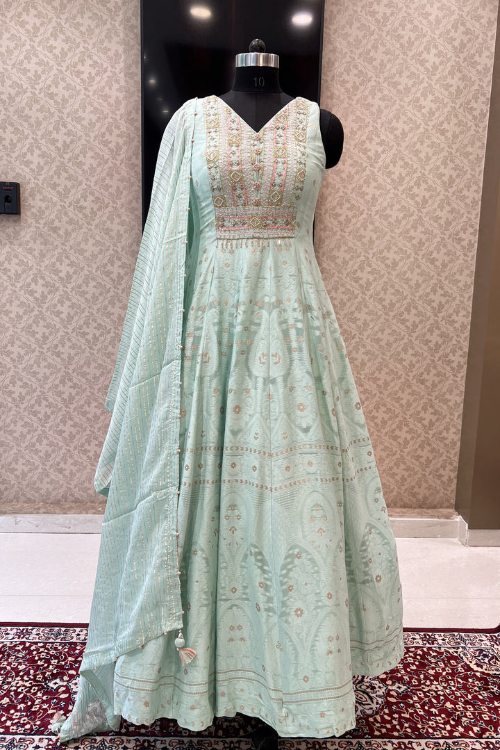 Sea Green Banaras, Beads, Zardozi, Pearl and Thread work Floor Length Anarkali Suit