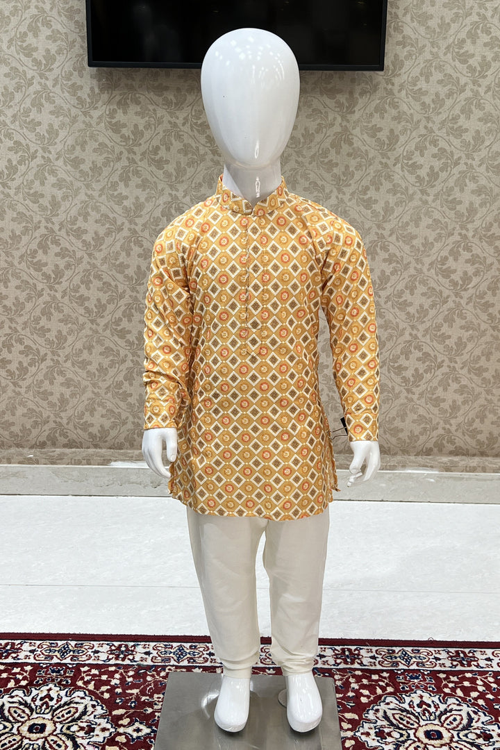 Yellow Embroidery and Digital Print Kurta Set for Boys