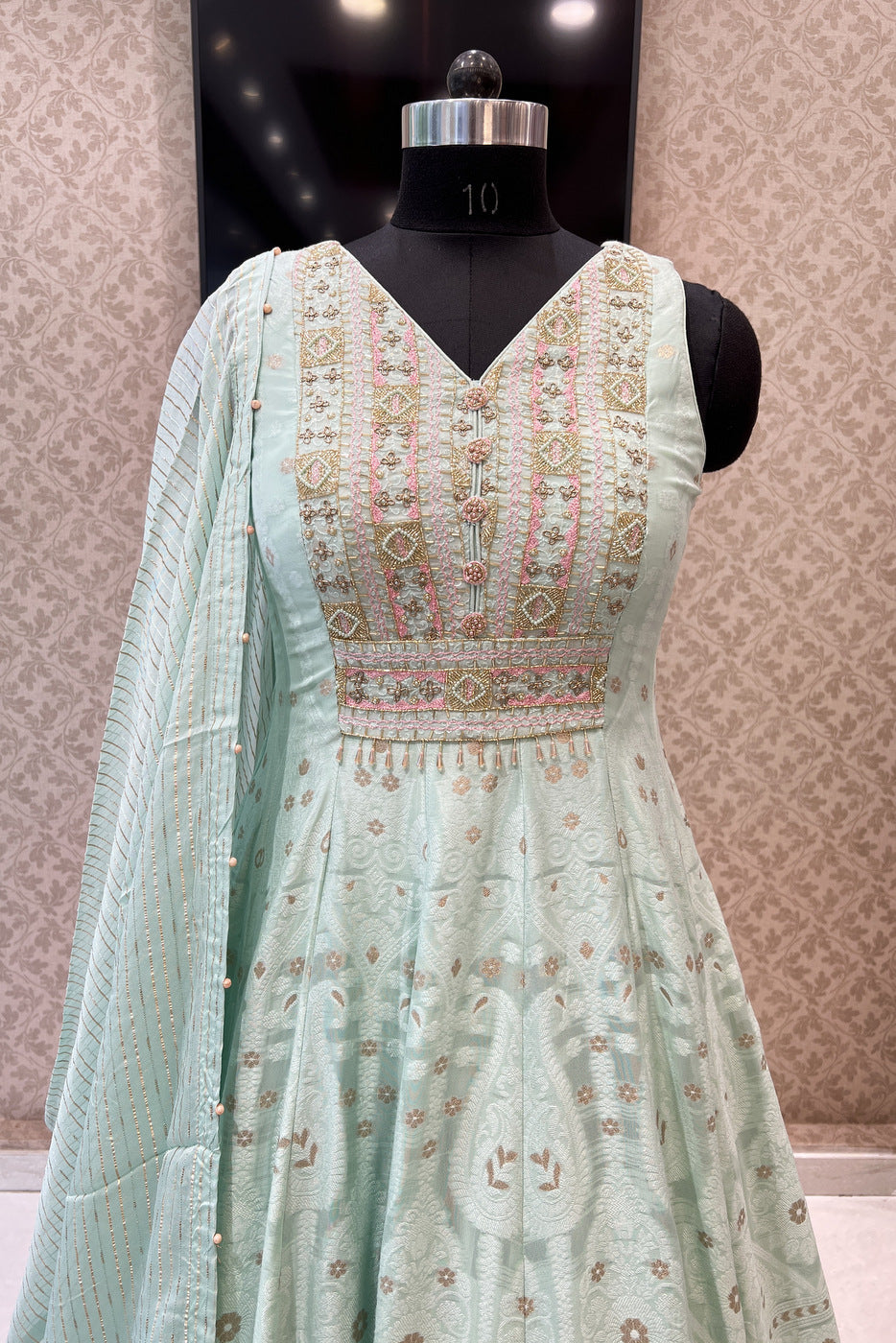 Sea Green Banaras, Beads, Zardozi, Pearl and Thread work Floor Length Anarkali Suit