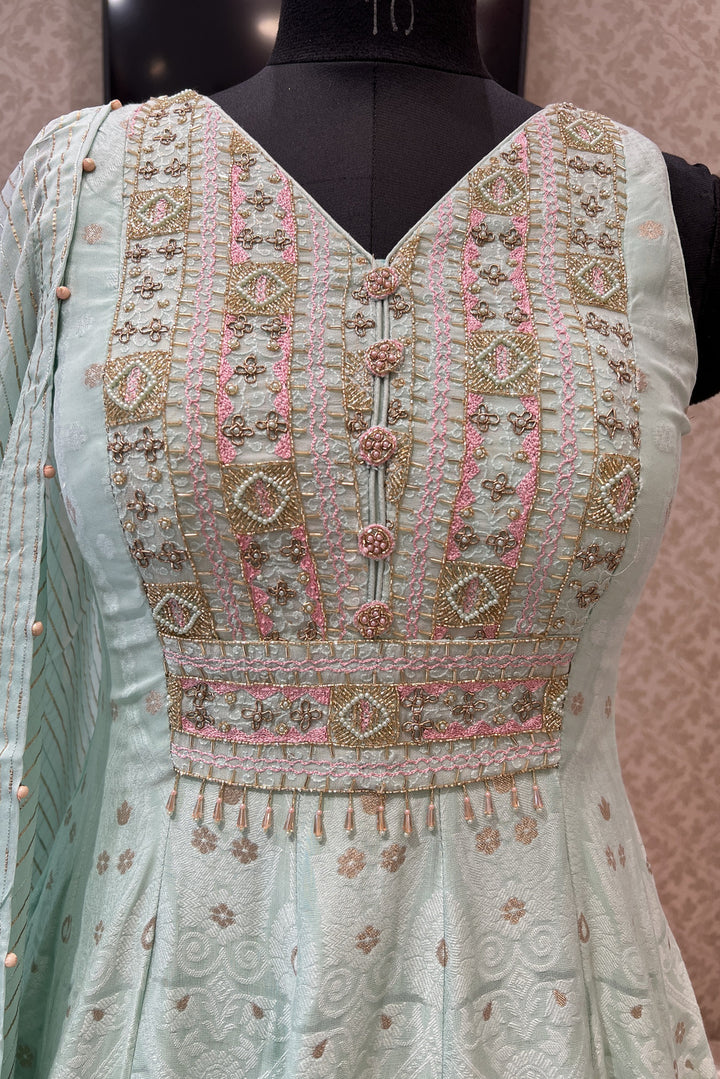 Sea Green Banaras, Beads, Zardozi, Pearl and Thread work Floor Length Anarkali Suit