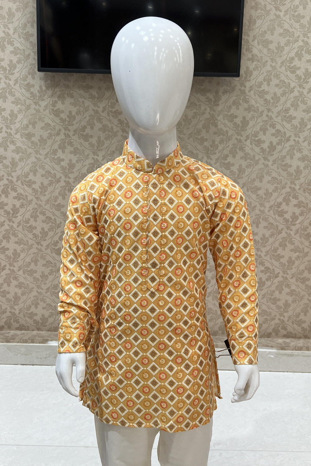 Yellow Embroidery and Digital Print Kurta Set for Boys