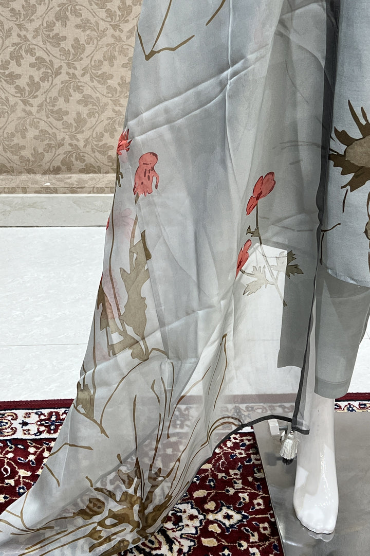 Grey Digital Print, Beads, Pearls and Sequins work Straight Cut Salwar Suit