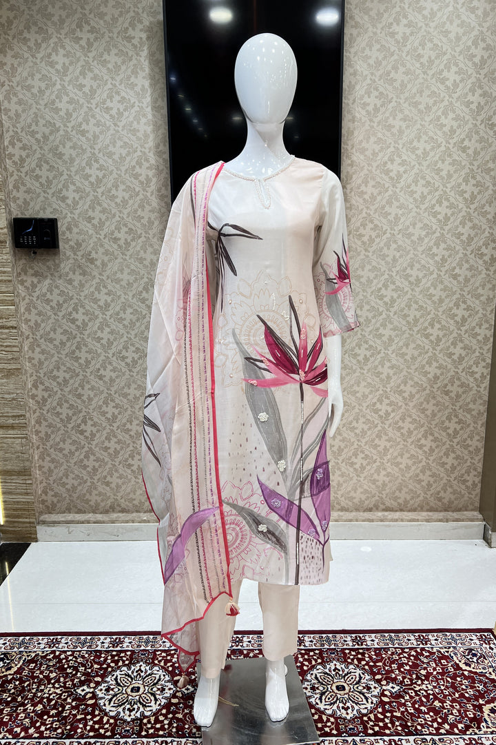 Peach Digital Print, Beads, Pearls and Sequins work Straight Cut Salwar Suit