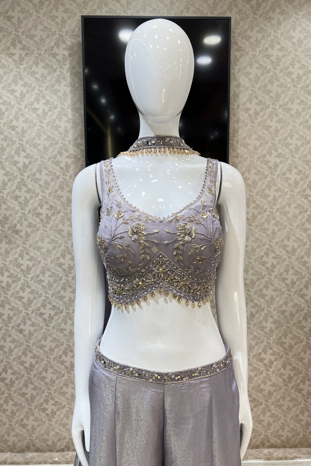 Lilac Beads, Pearl and Mirror work Crop Top with Palazzo Pant