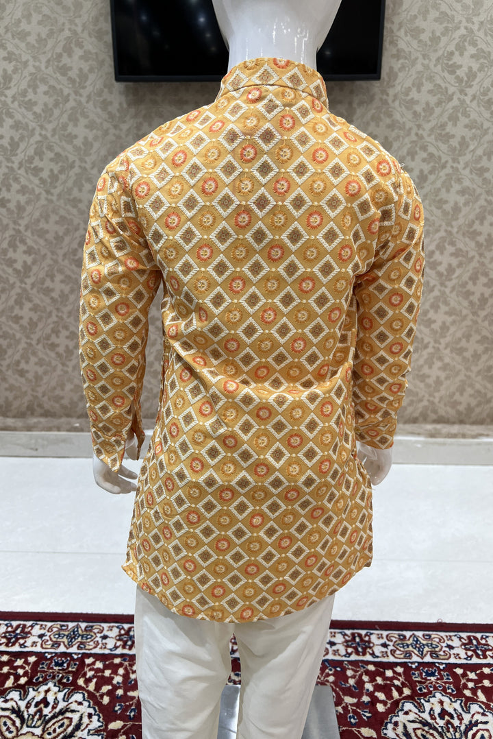 Yellow Embroidery and Digital Print Kurta Set for Boys