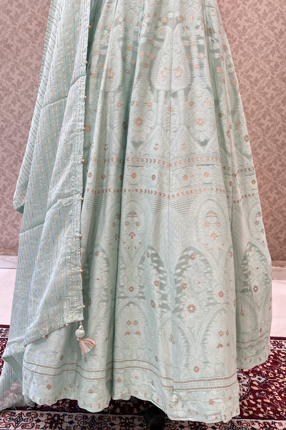 Sea Green Banaras, Beads, Zardozi, Pearl and Thread work Floor Length Anarkali Suit