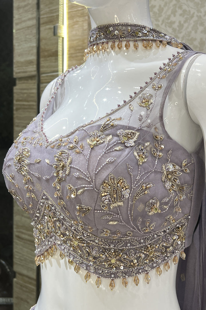 Lilac Beads, Pearl and Mirror work Crop Top with Palazzo Pant