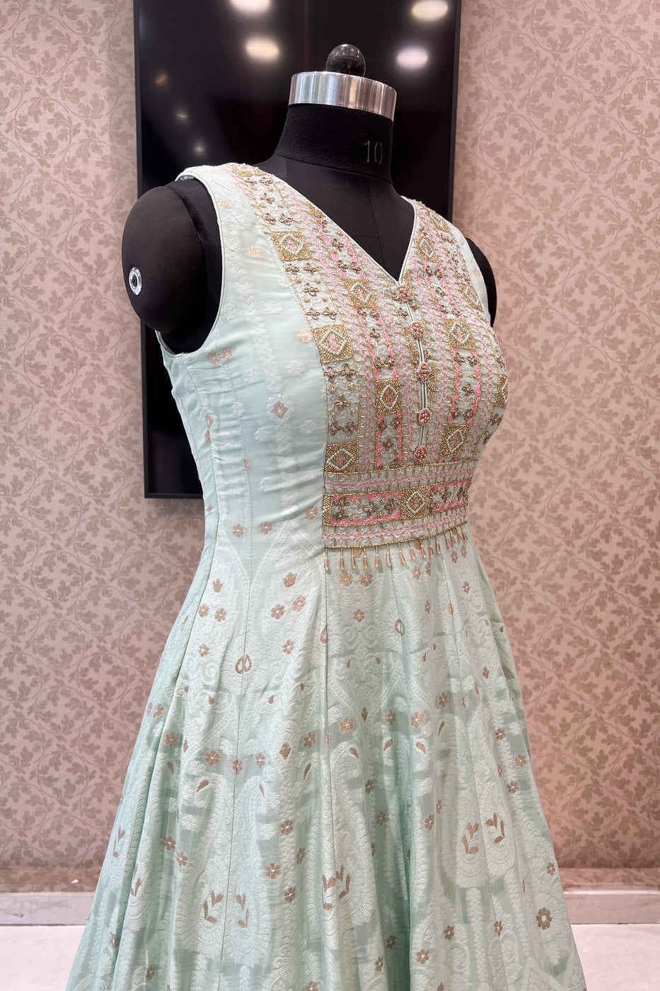 Sea Green Banaras, Beads, Zardozi, Pearl and Thread work Floor Length Anarkali Suit