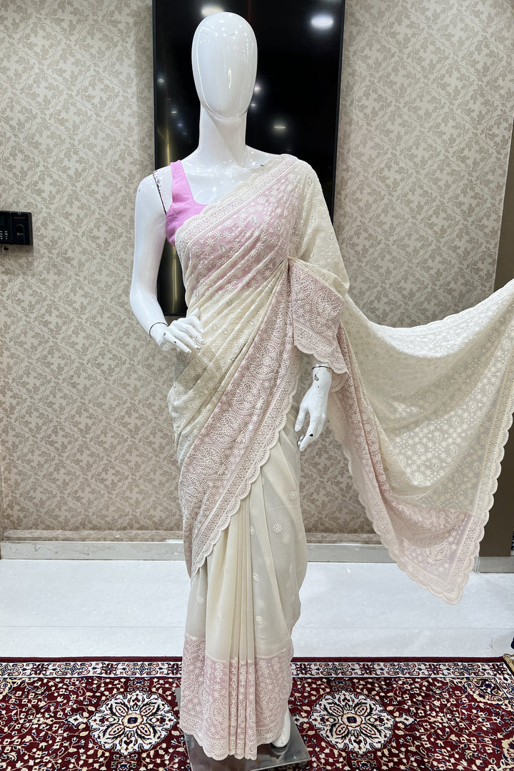 Cream with Pink Embroidery and Stone work Saree