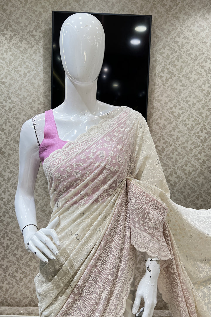 Cream with Pink Embroidery and Stone work Saree