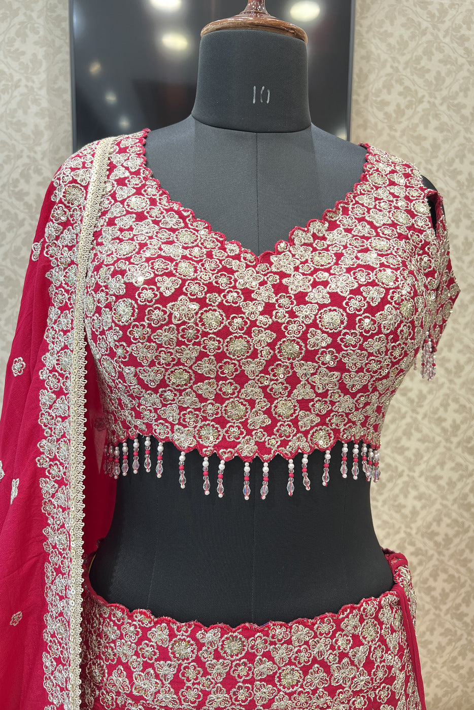 Rani Pink Silver Zari, Sequins, Beads and Pearl work Crop Top Lehenga