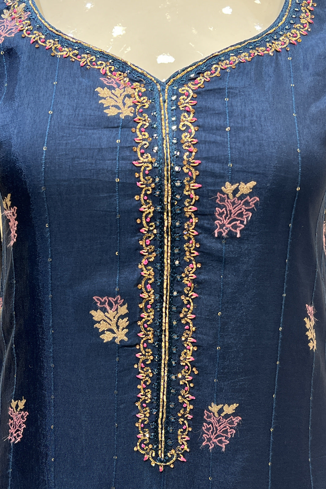 Navy Blue Sequins, Thread and Banaras work Straight Cut Salwar Suit
