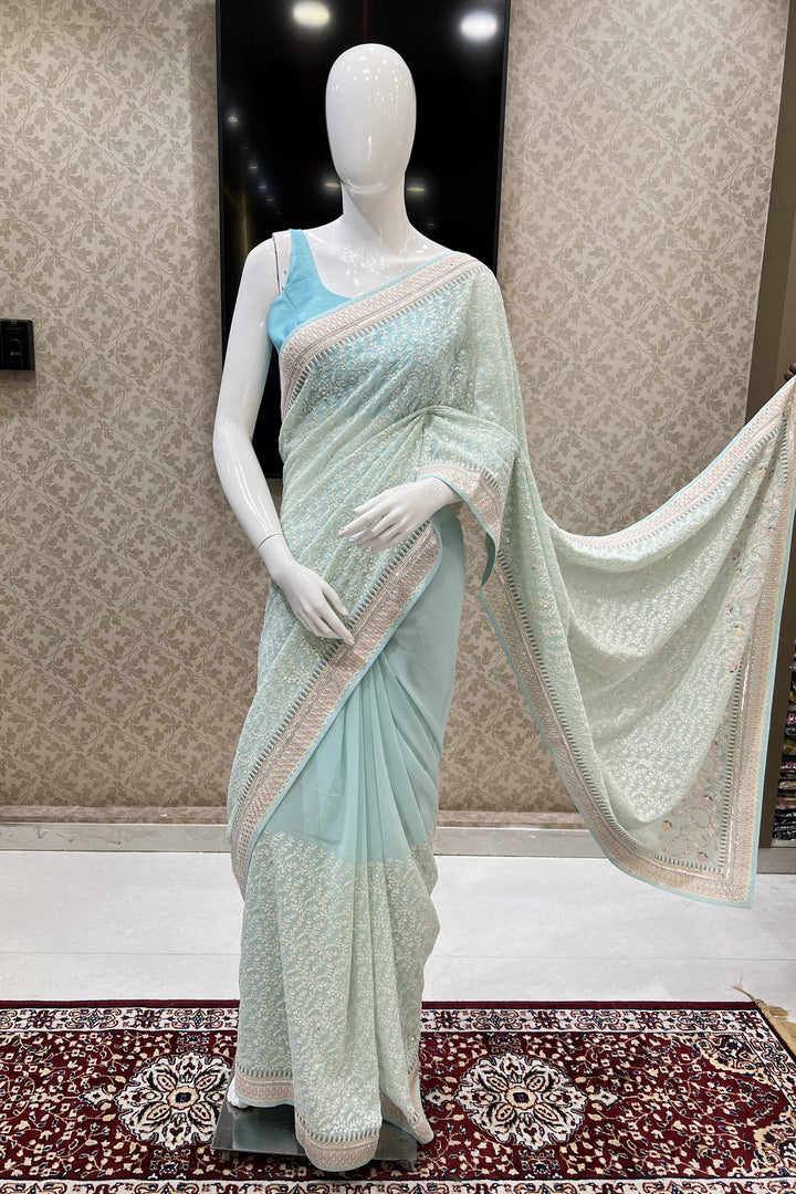 Sea Green Lucknowi, Sequins and Stone work Saree