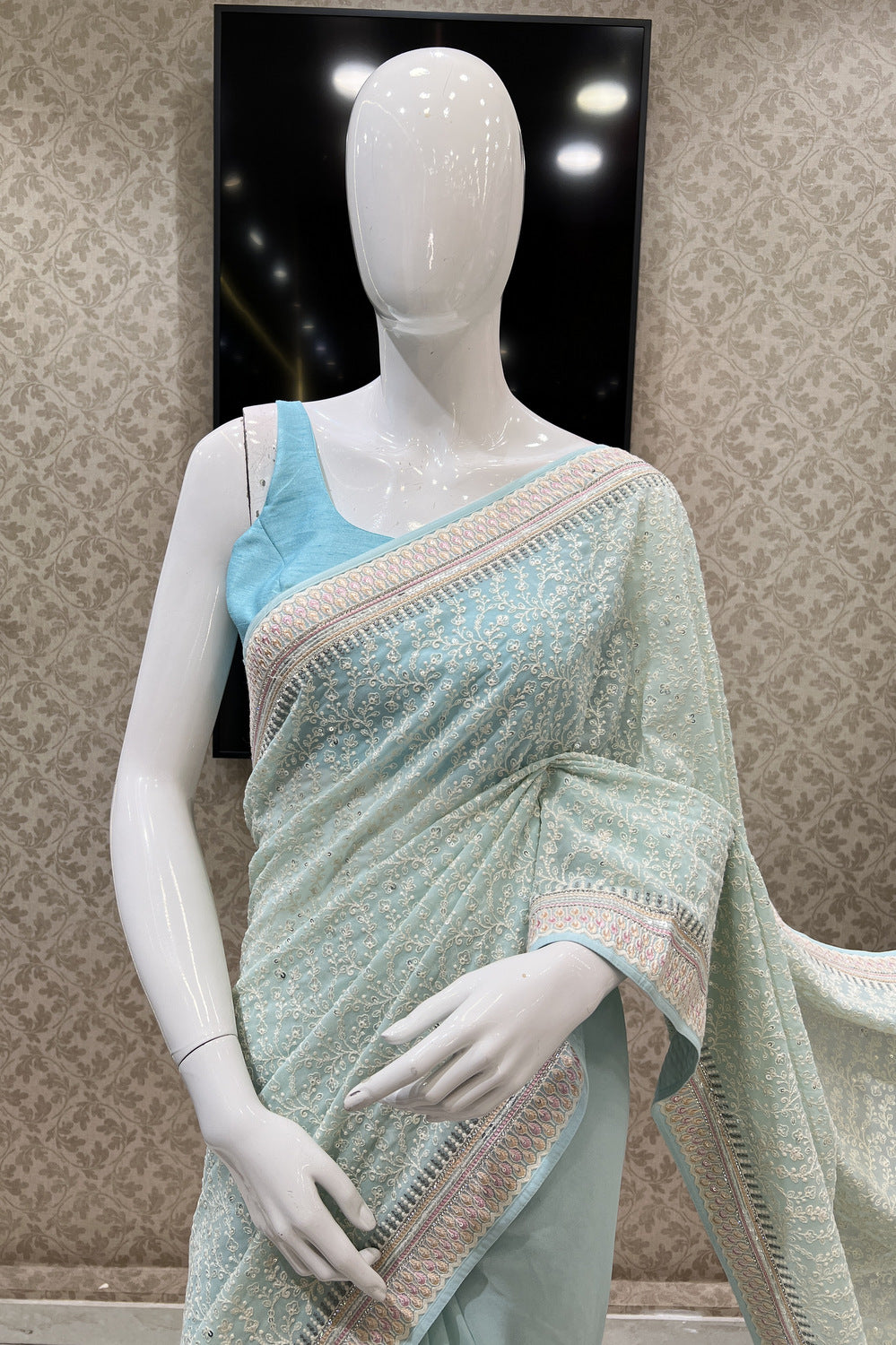 Sea Green Lucknowi, Sequins and Stone work Saree