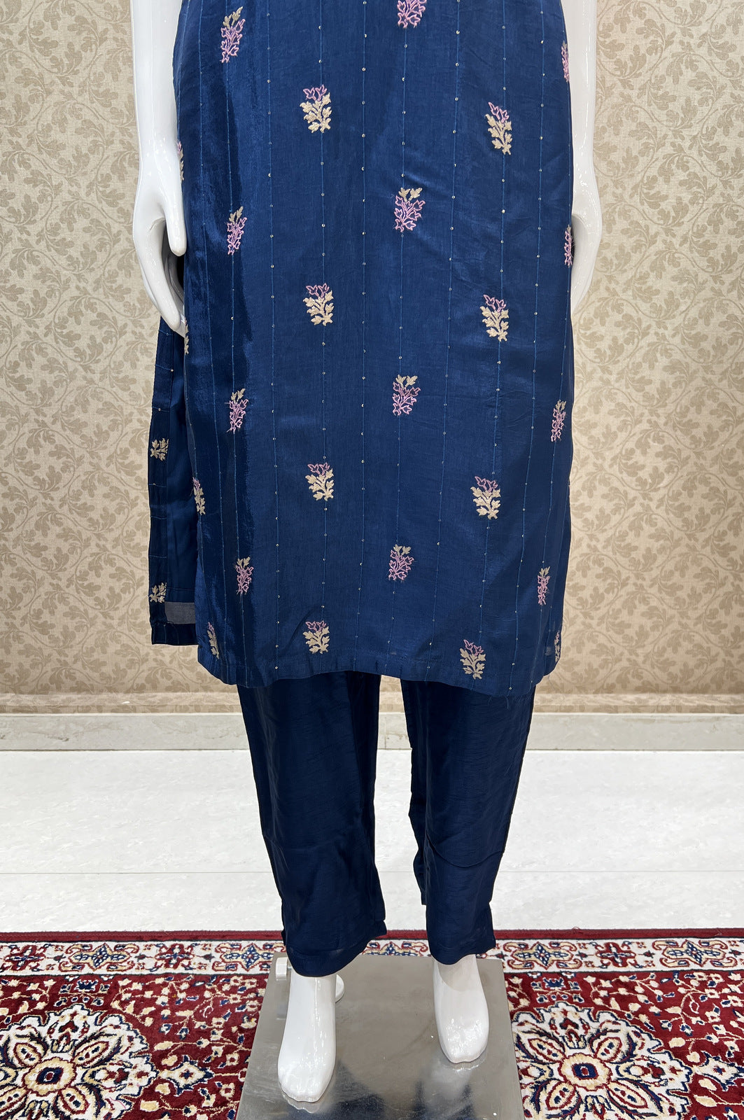 Navy Blue Sequins, Thread and Banaras work Straight Cut Salwar Suit