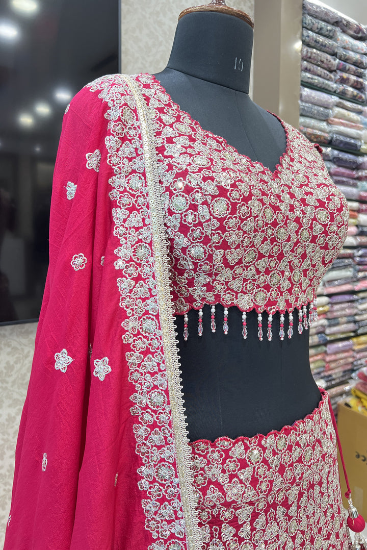 Rani Pink Silver Zari, Sequins, Beads and Pearl work Crop Top Lehenga