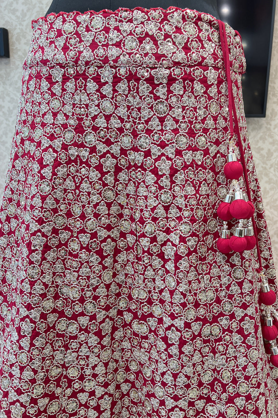 Rani Pink Silver Zari, Sequins, Beads and Pearl work Crop Top Lehenga