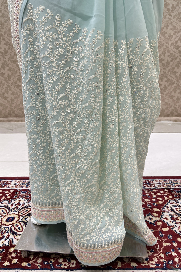 Sea Green Lucknowi, Sequins and Stone work Saree