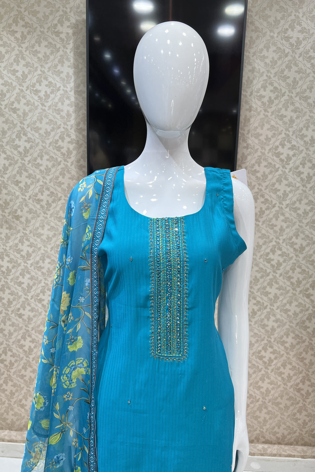 Rama Blue Mirror, Zari, Stone and Thread work Straight Cut Salwar Suit