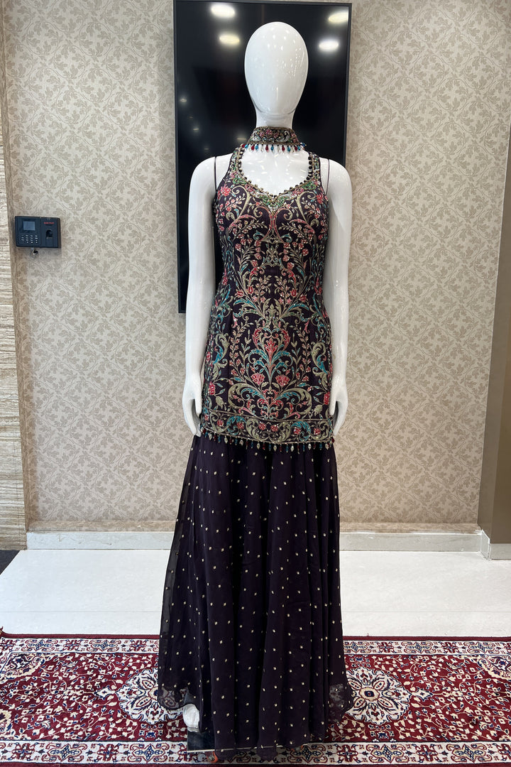 Wine Multicolor Banaras, Beads and Stone work Palazzo Salwar Suit