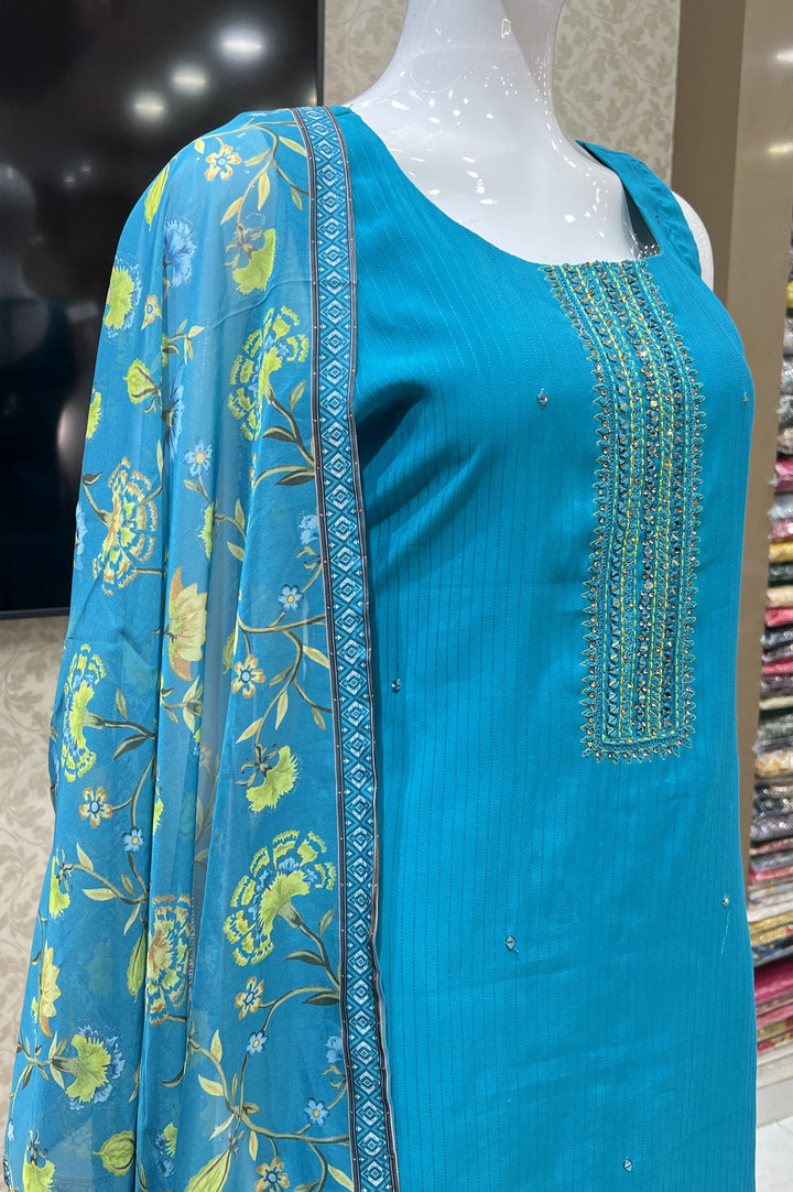 Rama Blue Mirror, Zari, Stone and Thread work Straight Cut Salwar Suit
