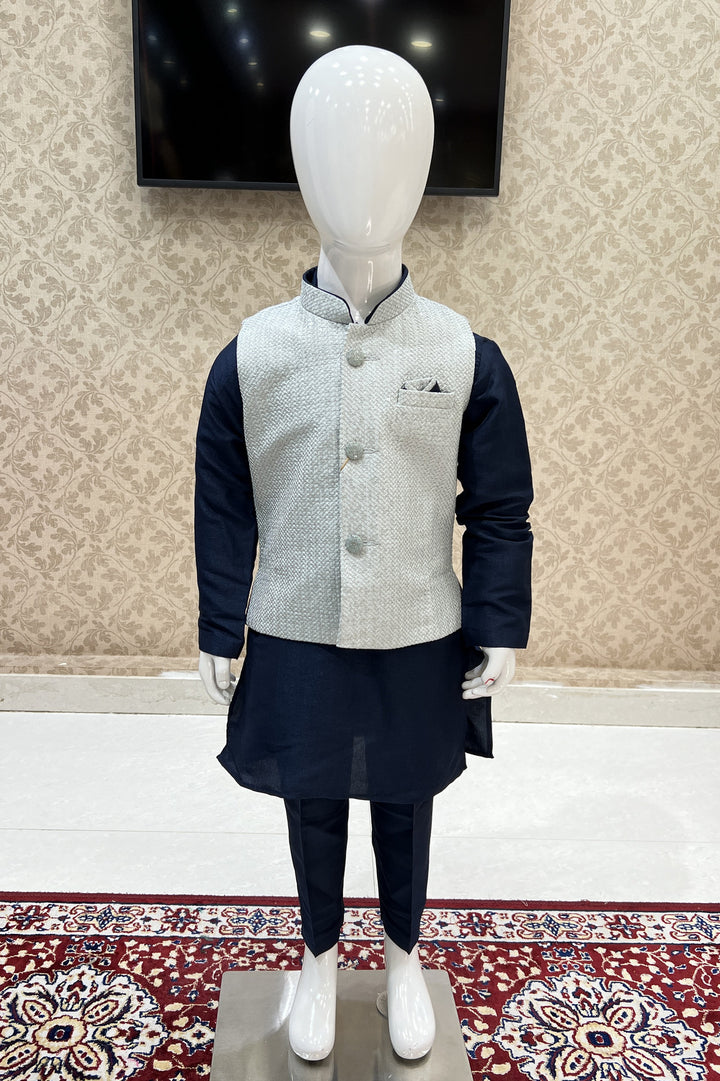 Navy Blue with Silver Sequins and Thread work Waist Coat Kurta Set for Boys