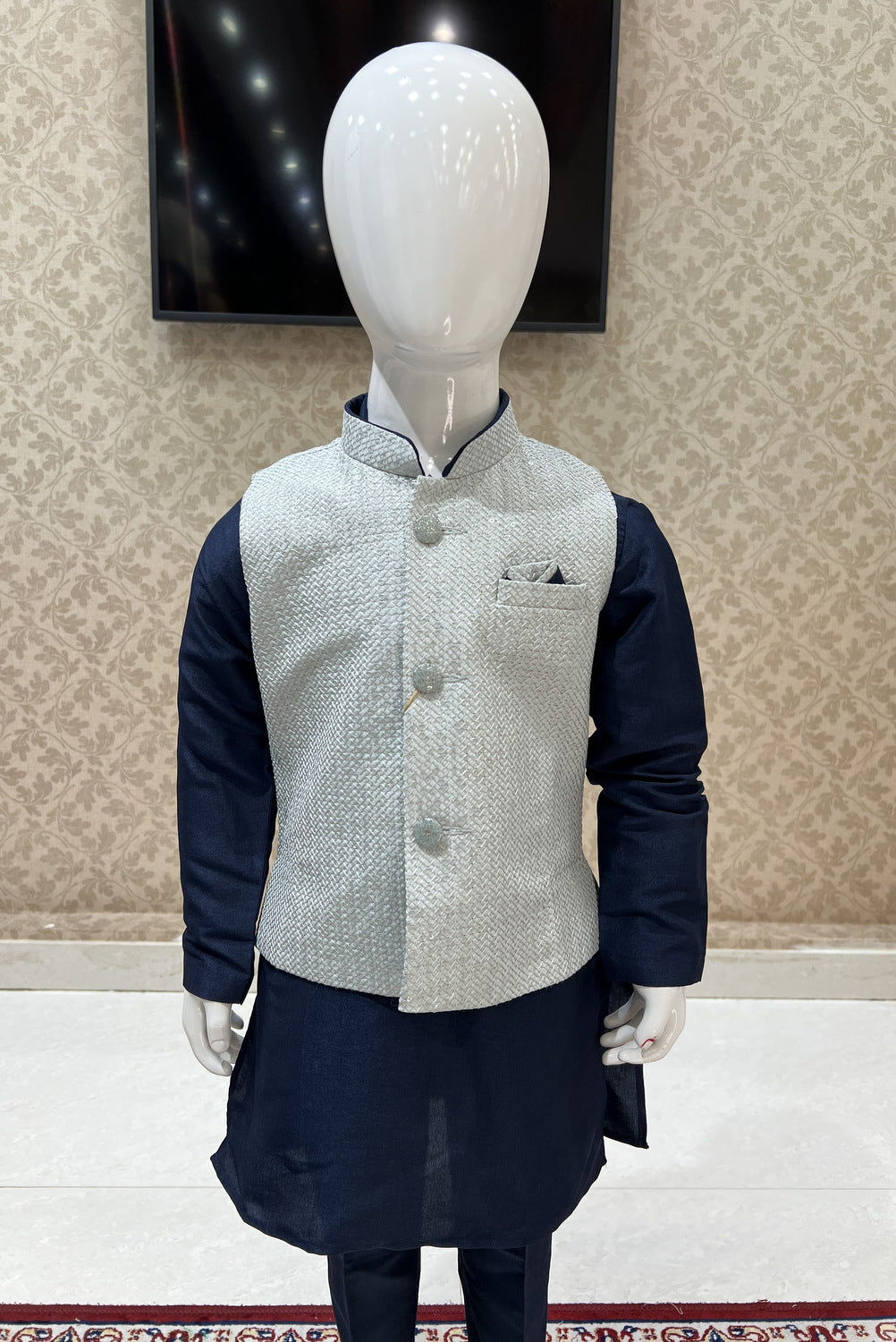 Navy Blue with Silver Sequins and Thread work Waist Coat Kurta Set for Boys