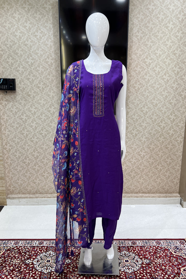 Purple Mirror, Zari, Stone and Thread work Straight Cut Salwar Suit