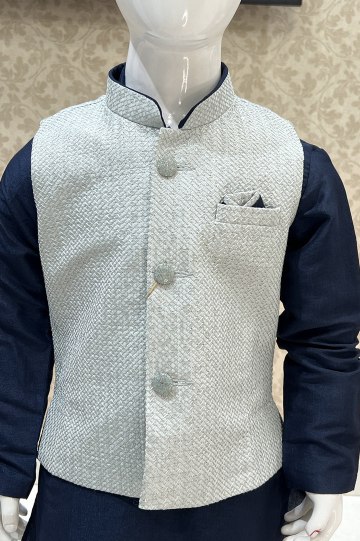 Navy Blue with Silver Sequins and Thread work Waist Coat Kurta Set for Boys