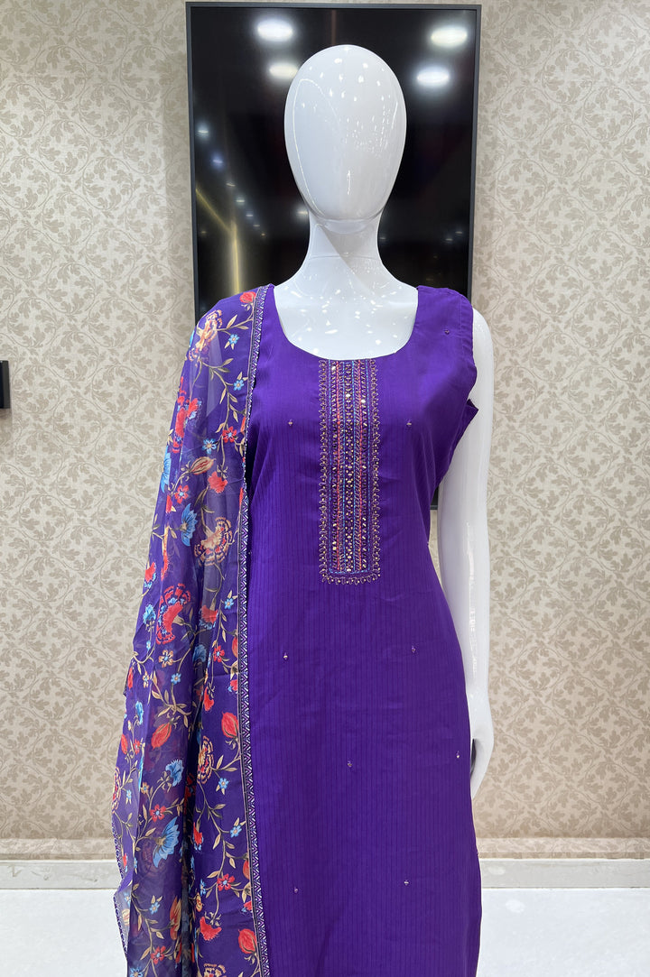 Purple Mirror, Zari, Stone and Thread work Straight Cut Salwar Suit