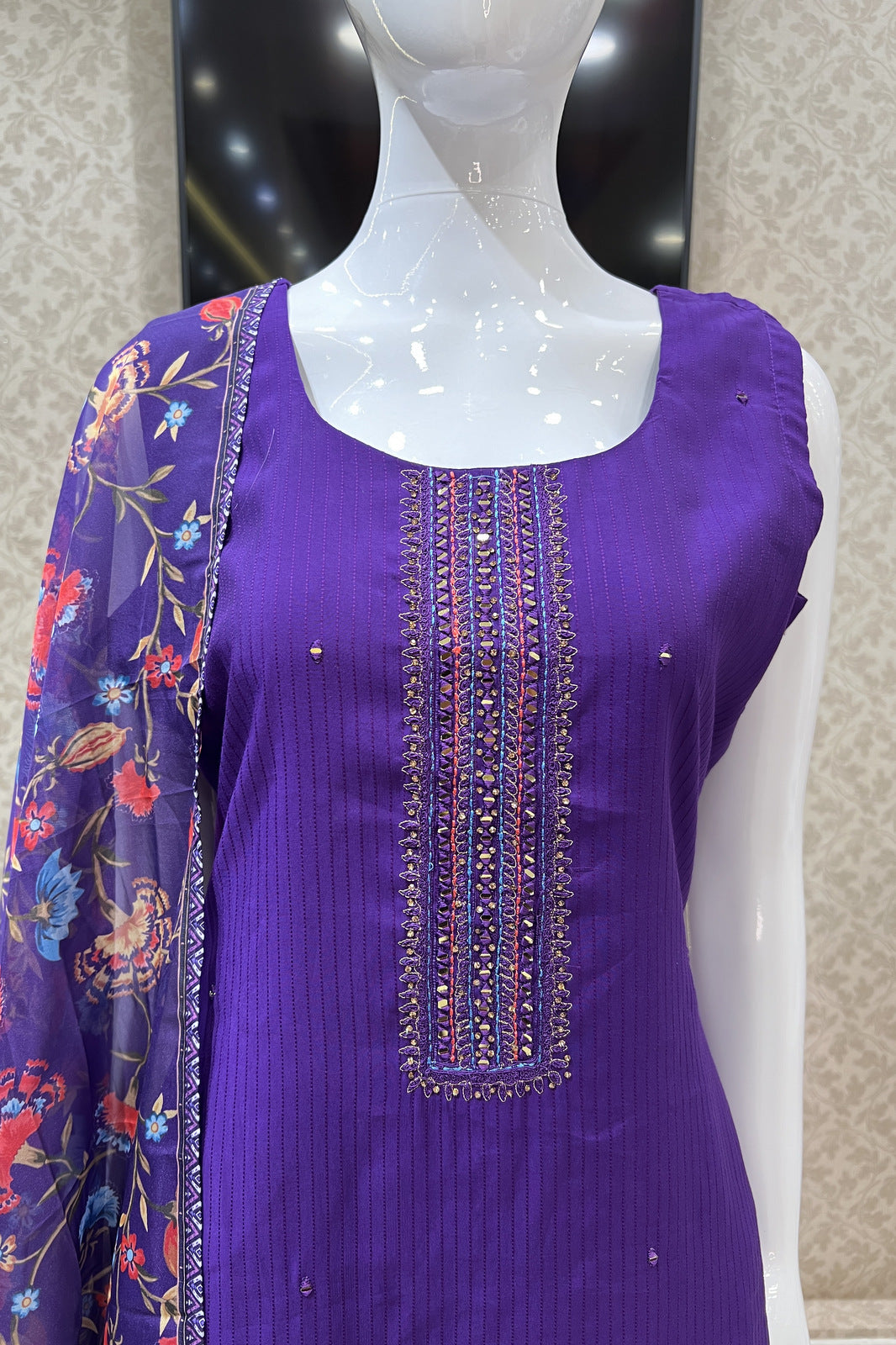 Purple Mirror, Zari, Stone and Thread work Straight Cut Salwar Suit