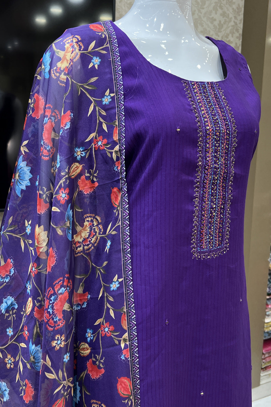 Purple Mirror, Zari, Stone and Thread work Straight Cut Salwar Suit