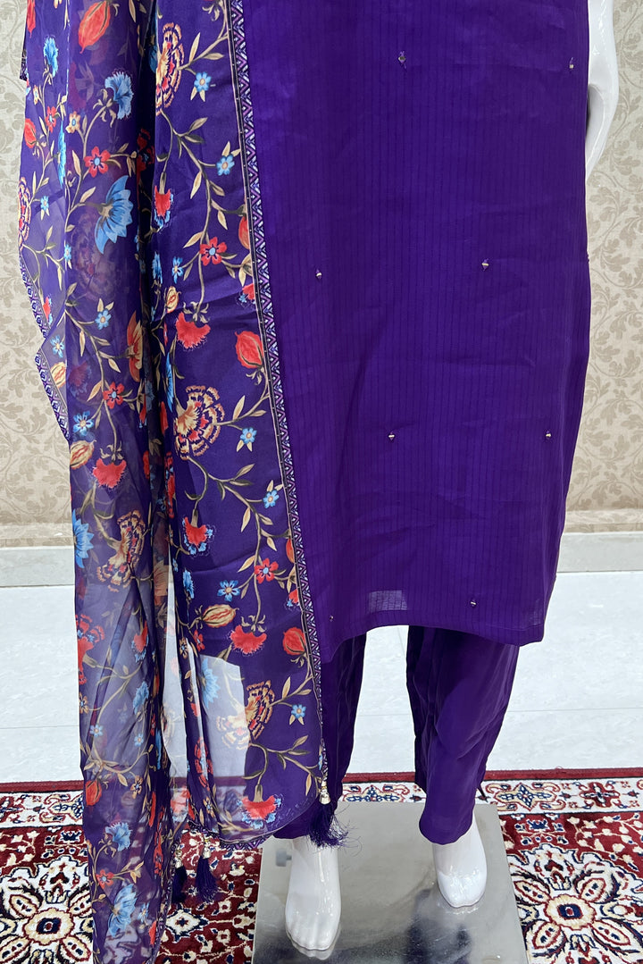 Purple Mirror, Zari, Stone and Thread work Straight Cut Salwar Suit