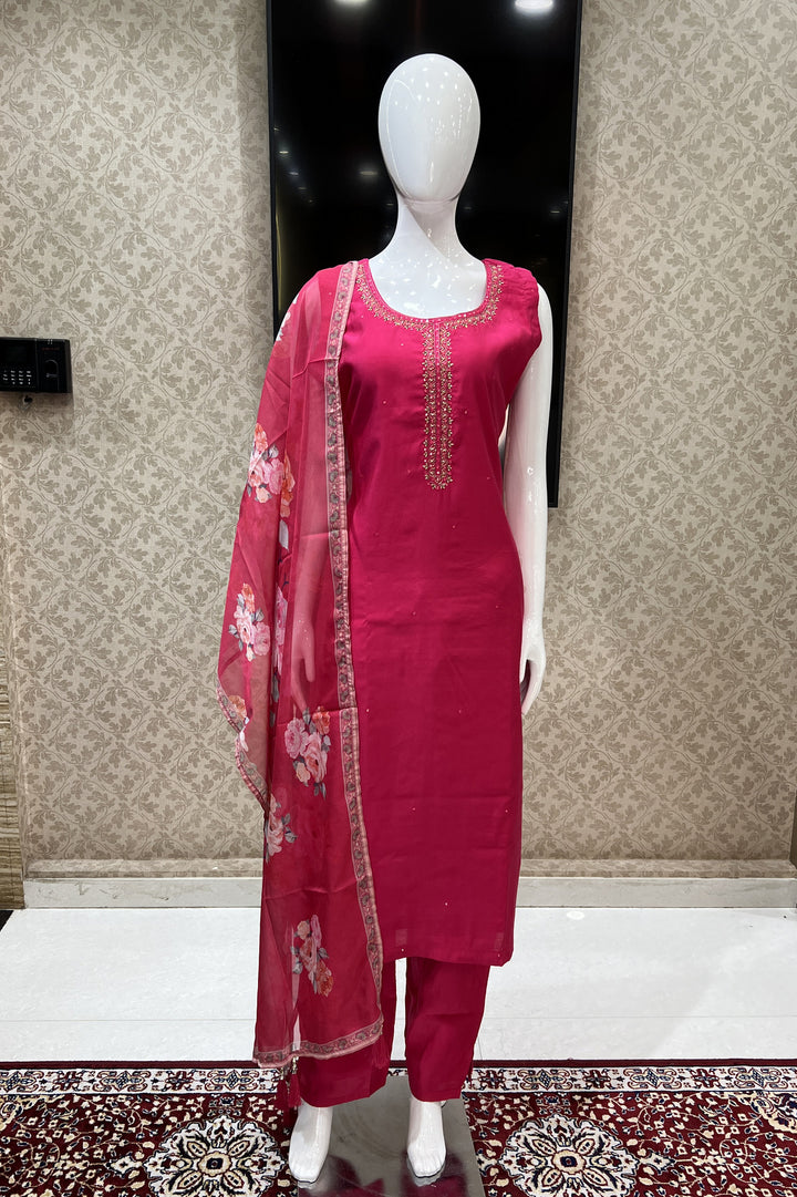Pink Zari, Stone, Zardozi and Thread work Straight Cut Salwar Suit